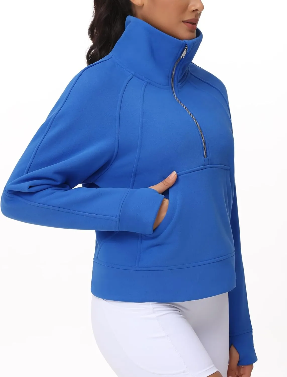 THE GYM PEOPLE Womens' Half Zip Pullover Fleece Stand Collar Crop Sweatshirt with Pockets Thumb Hole