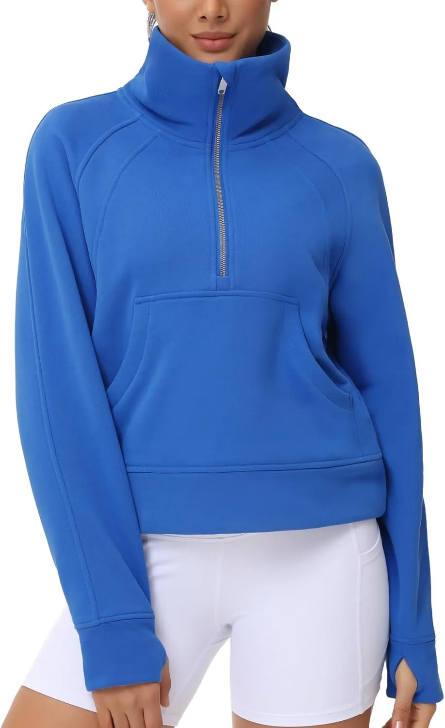 THE GYM PEOPLE Womens' Half Zip Pullover Fleece Stand Collar Crop Sweatshirt with Pockets Thumb Hole