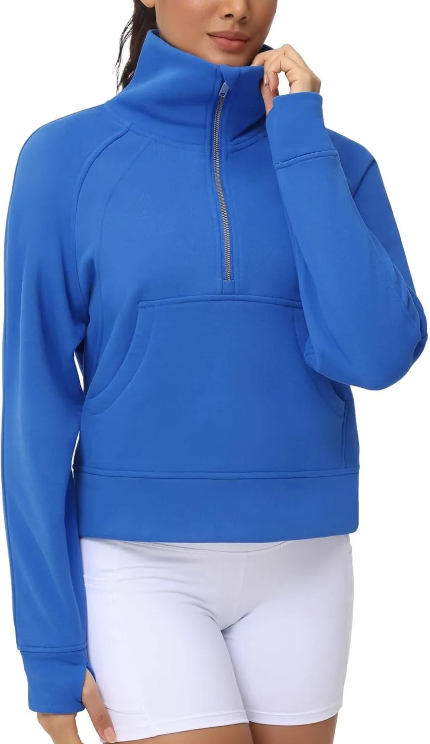 THE GYM PEOPLE Womens' Half Zip Pullover Fleece Stand Collar Crop Sweatshirt with Pockets Thumb Hole