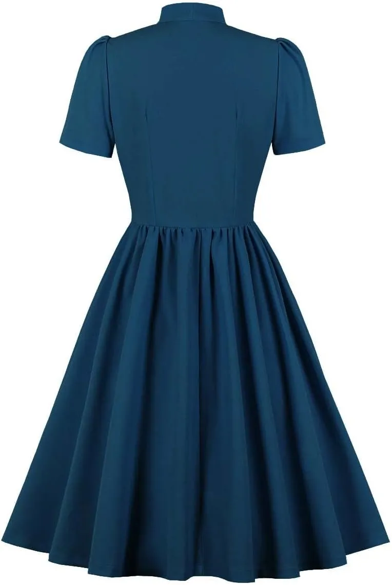 Women Notch Lapel Vintage V-Neck Cocktail Swing Dress 50s 60s Button up 1950s Rockabilly Prom Midi Evening Dress with Pockets