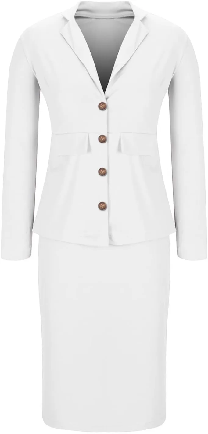 Women's Business Suit 2 Piece Long Sleeve Skirt Suit Set Lady Blazer Office Work Solid Slim Fit Jacket Outfits