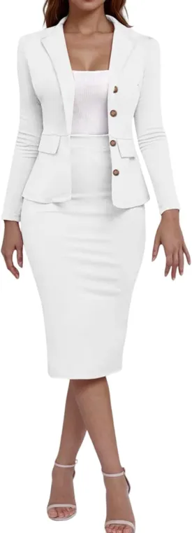 Women's Business Suit 2 Piece Long Sleeve Skirt Suit Set Lady Blazer Office Work Solid Slim Fit Jacket Outfits
