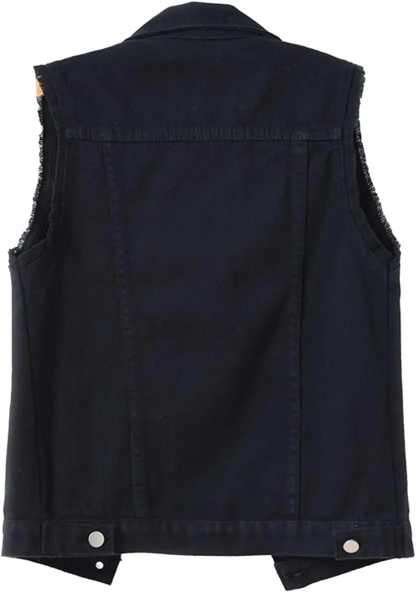 Women's Casual Denim Waistcoat Slim Fit Frayed Sleeveless Jacket Ripped Tops with Pockets