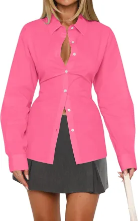 Womens Long Sleeve Button Down Shirt Tie Back Lapel Collar Blouse Work Casual Dressy Lightweight Tunic Shirt