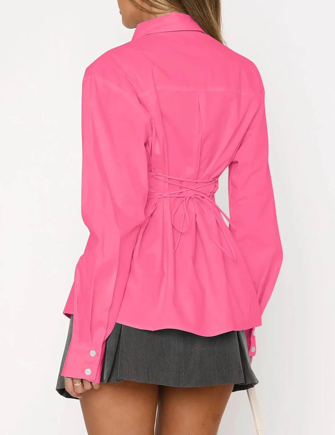 Womens Long Sleeve Button Down Shirt Tie Back Lapel Collar Blouse Work Casual Dressy Lightweight Tunic Shirt