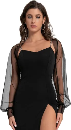 Womens Mesh Bolero Shrug,Long Sleeve Sheer Cardigan for Dress,Y2K Sheer Bolero Jacket Open Front Mesh Crop Top