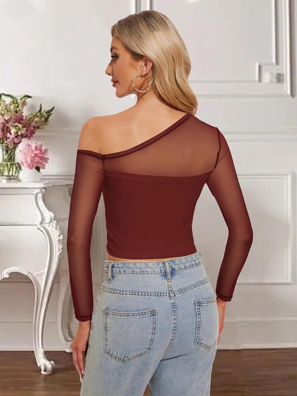 Women's Sexy Off Shoulder Tops Long Sleeve Mesh Sheer Asymmetrical T Shirt Y2K Going Out Slim Fit Blouse Tees Tops