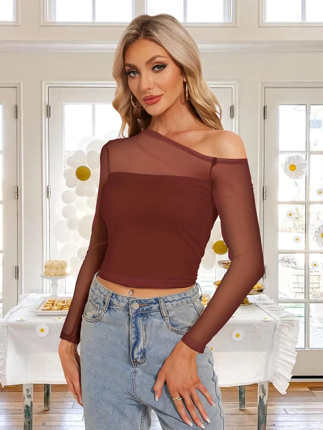 Women's Sexy Off Shoulder Tops Long Sleeve Mesh Sheer Asymmetrical T Shirt Y2K Going Out Slim Fit Blouse Tees Tops