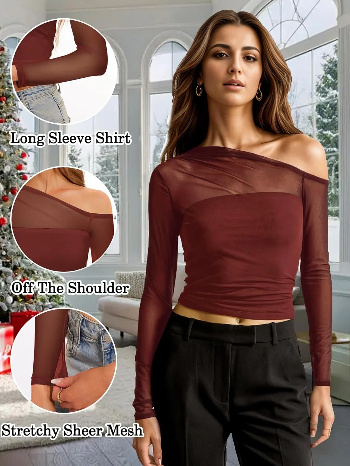 Women's Sexy Off Shoulder Tops Long Sleeve Mesh Sheer Asymmetrical T Shirt Y2K Going Out Slim Fit Blouse Tees Tops