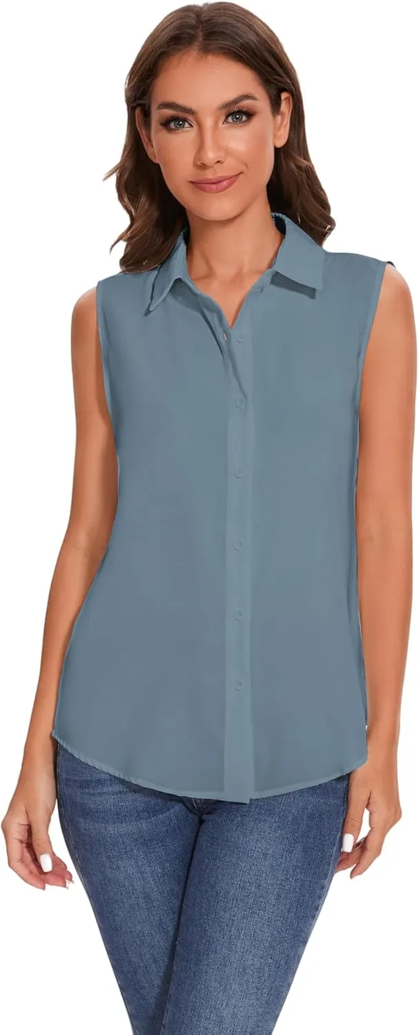 YAMANMAN Womens Sleeveless Button Down Shirt Classic Collared Blouse Basic Tank Tops Work Office Chiffon Tops