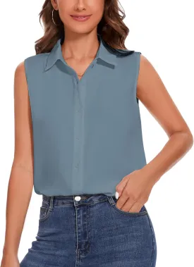 YAMANMAN Womens Sleeveless Button Down Shirt Classic Collared Blouse Basic Tank Tops Work Office Chiffon Tops