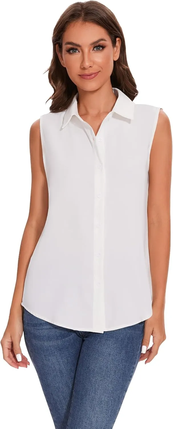 YAMANMAN Womens Sleeveless Button Down Shirt Classic Collared Blouse Basic Tank Tops Work Office Chiffon Tops