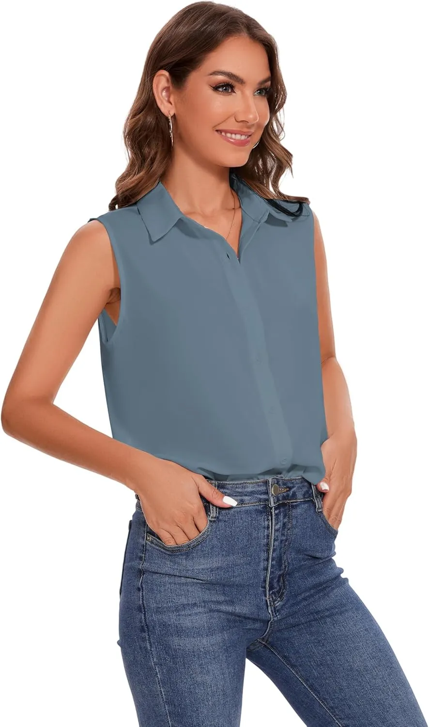 YAMANMAN Womens Sleeveless Button Down Shirt Classic Collared Blouse Basic Tank Tops Work Office Chiffon Tops
