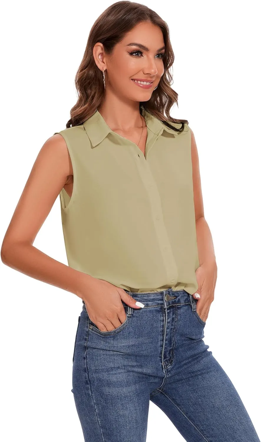 YAMANMAN Womens Sleeveless Button Down Shirt Classic Collared Blouse Basic Tank Tops Work Office Chiffon Tops