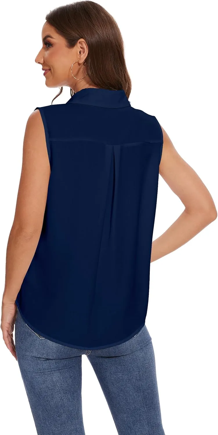 YAMANMAN Womens Sleeveless Button Down Shirt Classic Collared Blouse Basic Tank Tops Work Office Chiffon Tops