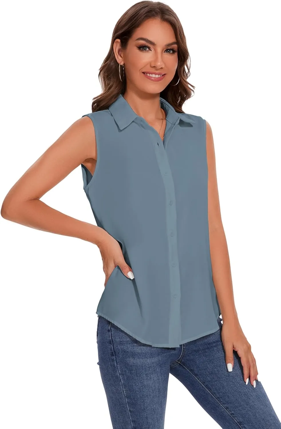 YAMANMAN Womens Sleeveless Button Down Shirt Classic Collared Blouse Basic Tank Tops Work Office Chiffon Tops
