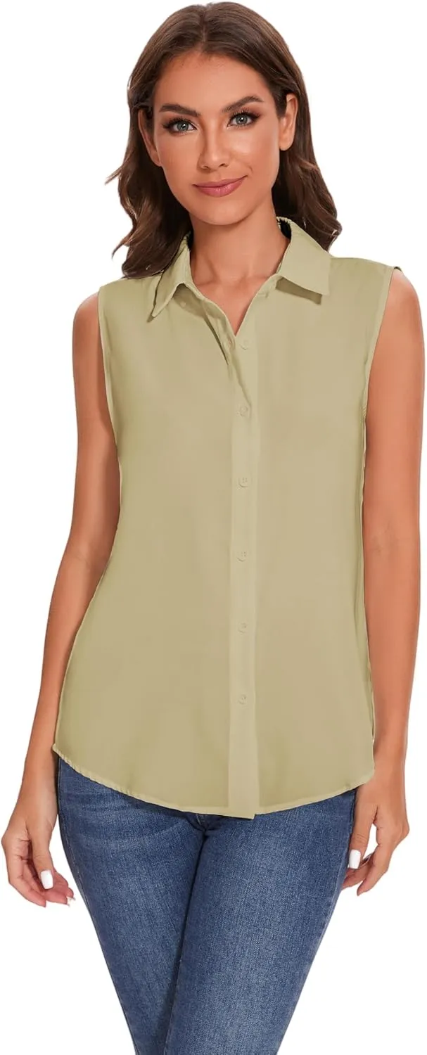 YAMANMAN Womens Sleeveless Button Down Shirt Classic Collared Blouse Basic Tank Tops Work Office Chiffon Tops