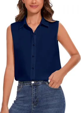 YAMANMAN Womens Sleeveless Button Down Shirt Classic Collared Blouse Basic Tank Tops Work Office Chiffon Tops
