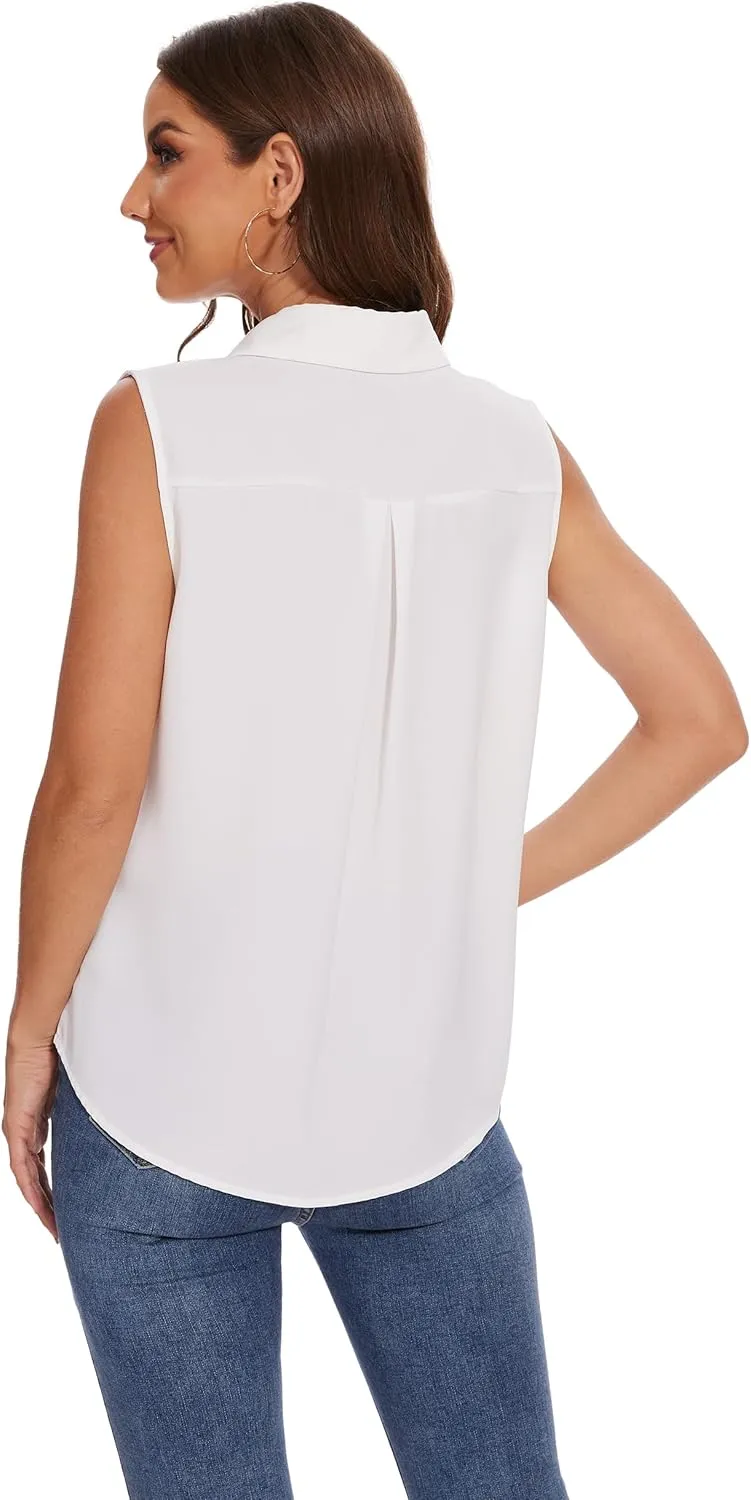 YAMANMAN Womens Sleeveless Button Down Shirt Classic Collared Blouse Basic Tank Tops Work Office Chiffon Tops