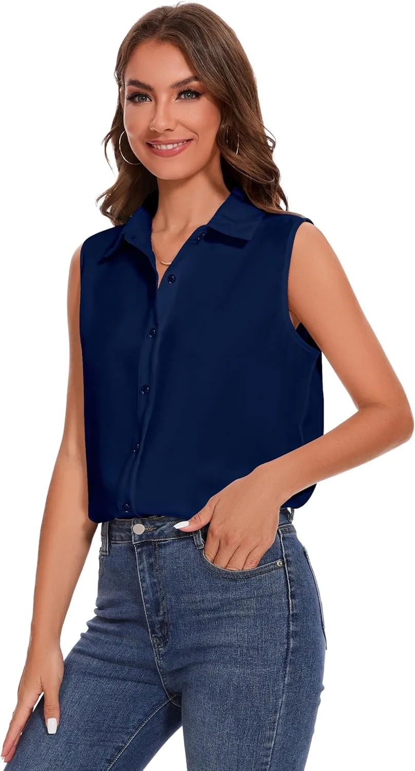 YAMANMAN Womens Sleeveless Button Down Shirt Classic Collared Blouse Basic Tank Tops Work Office Chiffon Tops