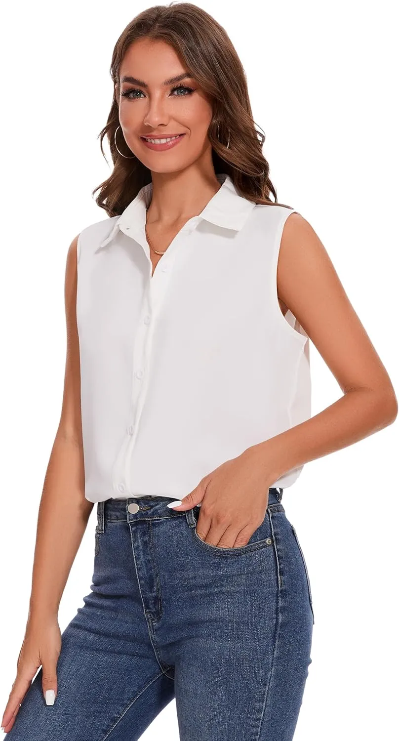 YAMANMAN Womens Sleeveless Button Down Shirt Classic Collared Blouse Basic Tank Tops Work Office Chiffon Tops