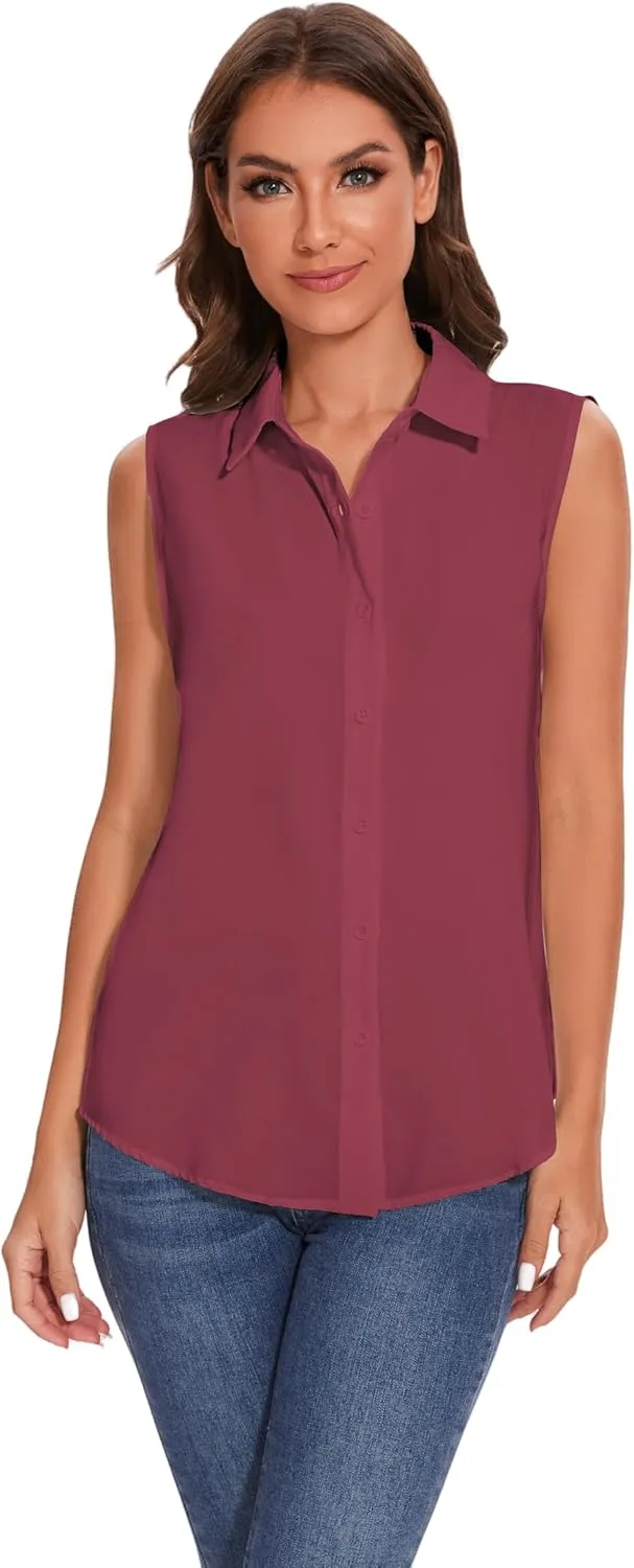 YAMANMAN Womens Sleeveless Button Down Shirt Classic Collared Blouse Basic Tank Tops Work Office Chiffon Tops