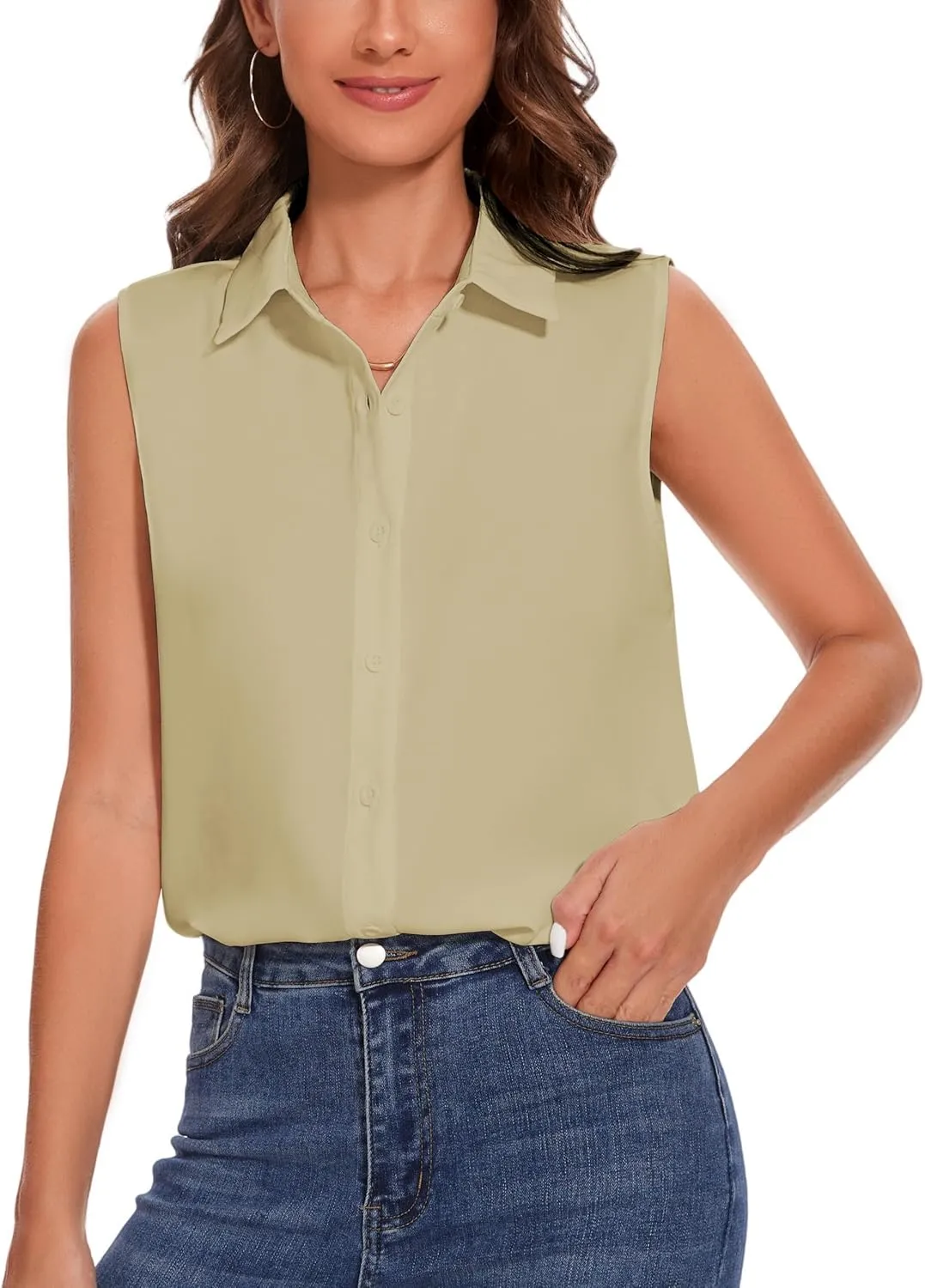 YAMANMAN Womens Sleeveless Button Down Shirt Classic Collared Blouse Basic Tank Tops Work Office Chiffon Tops