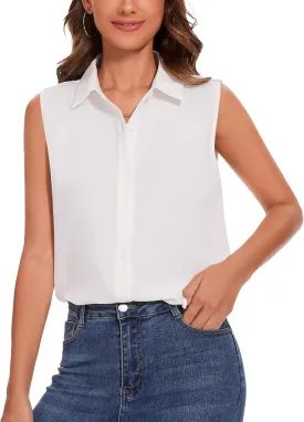 YAMANMAN Womens Sleeveless Button Down Shirt Classic Collared Blouse Basic Tank Tops Work Office Chiffon Tops