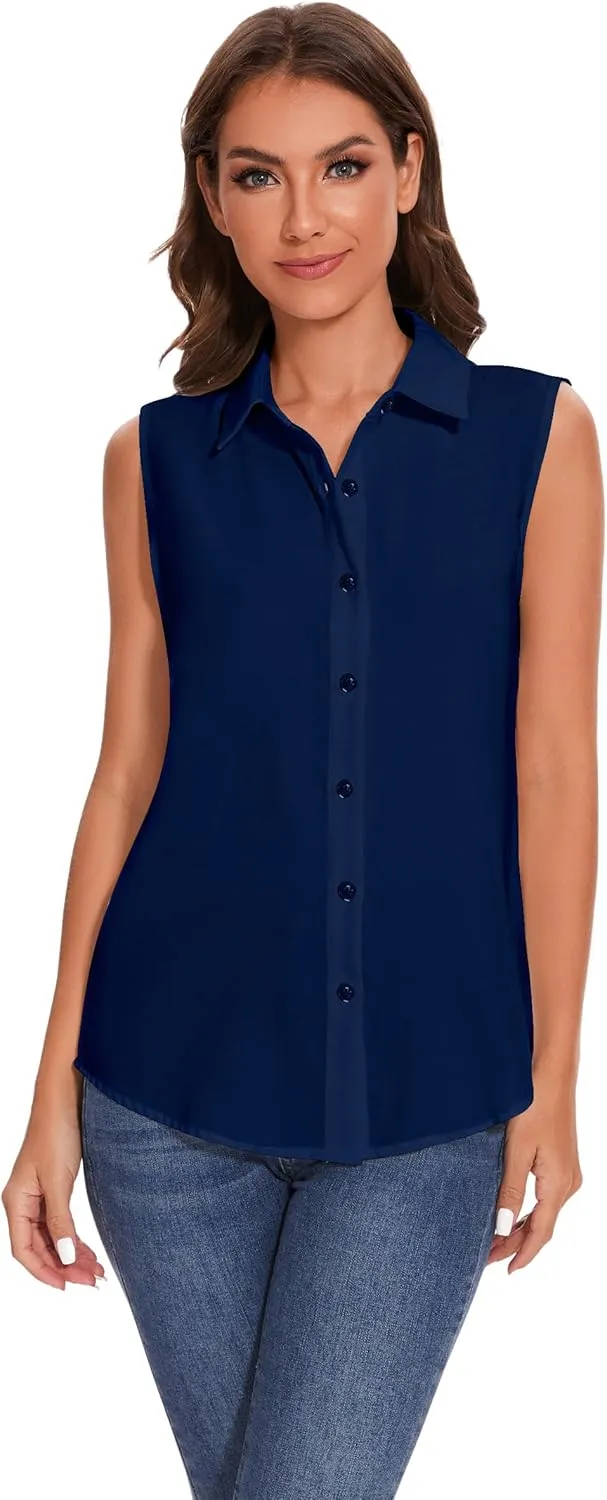 YAMANMAN Womens Sleeveless Button Down Shirt Classic Collared Blouse Basic Tank Tops Work Office Chiffon Tops