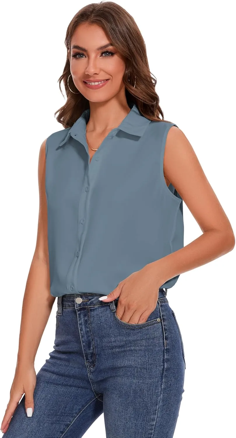YAMANMAN Womens Sleeveless Button Down Shirt Classic Collared Blouse Basic Tank Tops Work Office Chiffon Tops