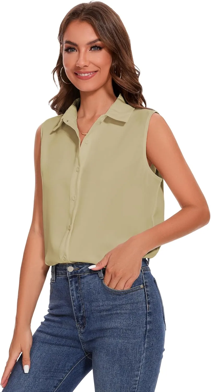 YAMANMAN Womens Sleeveless Button Down Shirt Classic Collared Blouse Basic Tank Tops Work Office Chiffon Tops