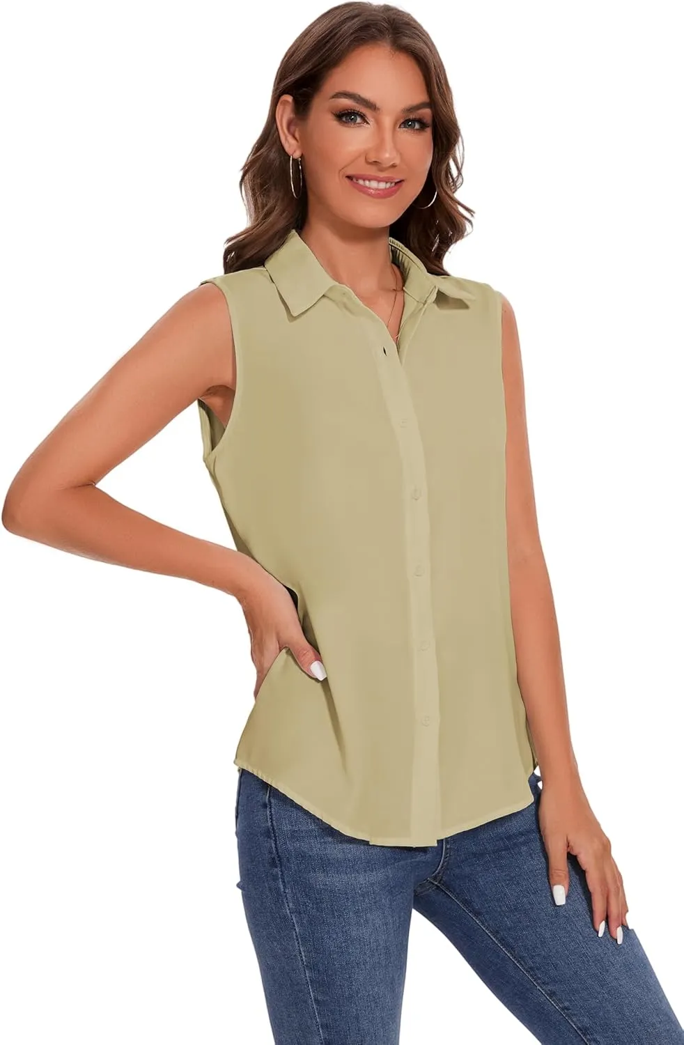 YAMANMAN Womens Sleeveless Button Down Shirt Classic Collared Blouse Basic Tank Tops Work Office Chiffon Tops