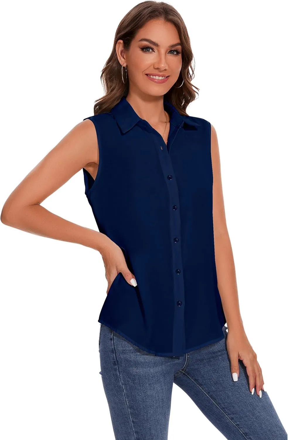 YAMANMAN Womens Sleeveless Button Down Shirt Classic Collared Blouse Basic Tank Tops Work Office Chiffon Tops