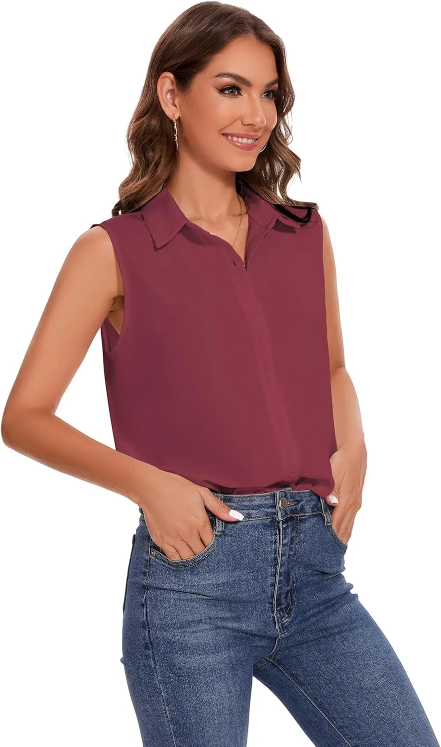 YAMANMAN Womens Sleeveless Button Down Shirt Classic Collared Blouse Basic Tank Tops Work Office Chiffon Tops