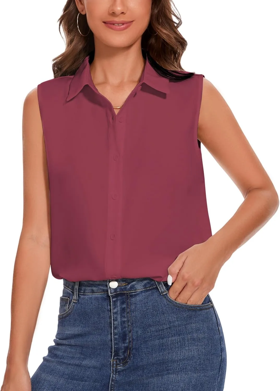 YAMANMAN Womens Sleeveless Button Down Shirt Classic Collared Blouse Basic Tank Tops Work Office Chiffon Tops