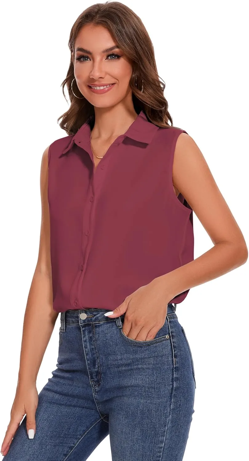 YAMANMAN Womens Sleeveless Button Down Shirt Classic Collared Blouse Basic Tank Tops Work Office Chiffon Tops