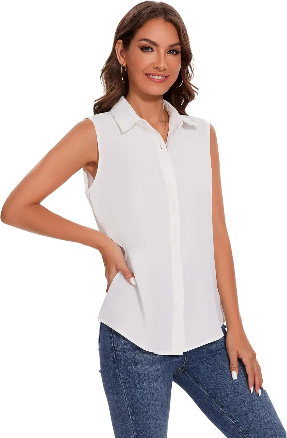 YAMANMAN Womens Sleeveless Button Down Shirt Classic Collared Blouse Basic Tank Tops Work Office Chiffon Tops